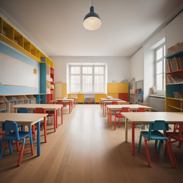 3d Illustration of a school classroom interior with desks and chairs back to school