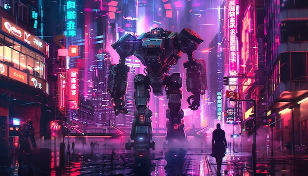 3D illustration of science fiction warrior patrolling futuristic dystopian city with giant robot