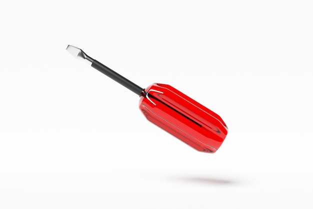 3D illustration of a screwdriver with a red handle in cartoon style on a white isolated background Hand carpentry tool for DIY shop