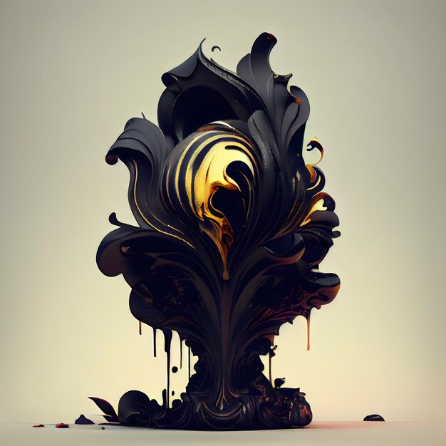 3d illustration of a sculpture made of black and gold with floral ornament