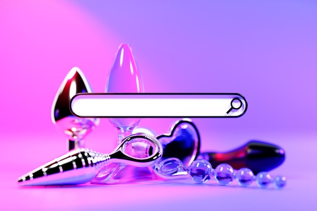 3D illustration Search bar design element with a collection of different types colorful of sex toys on a pink background Search bar for website and user interface mobile applications