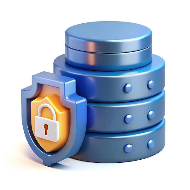 Photo 3d illustration of a secure database server symbolized by a blue database icon with a shield and padlock