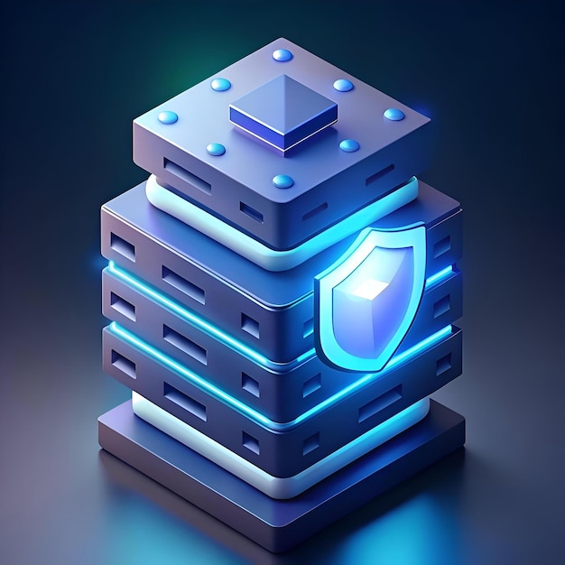 A 3D illustration of a server with a shield icon symbolizing data protection and cybersecurity