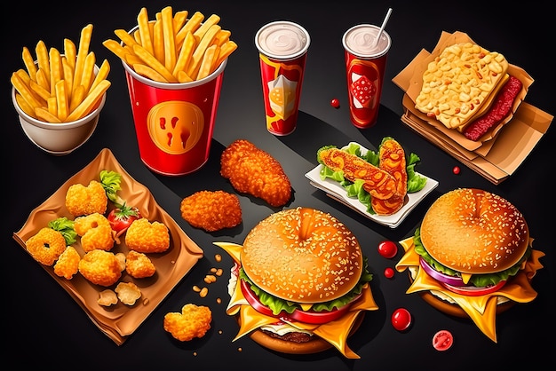 3d illustration set of fast food food french fries and burgers generative AI