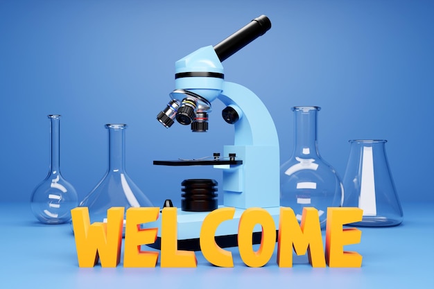 3d illustration of a set of laboratory instruments microscope and inscription welcome Chemical laboratory research on a blue background