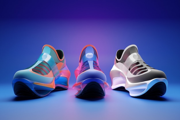 3d illustration set of three different futuristic sneaker Colorful sneakers with foam soles