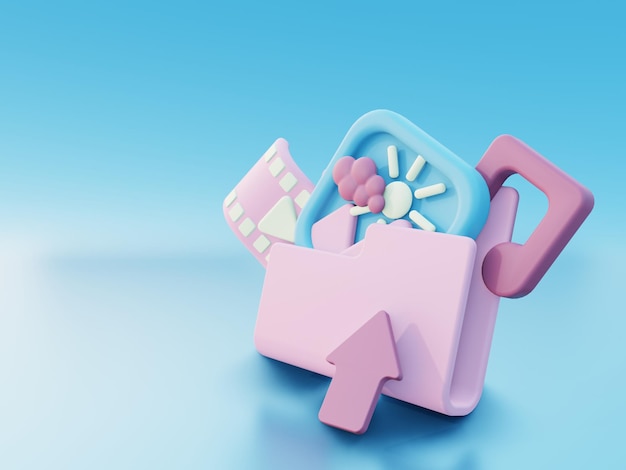 3d illustration showing save image video and music to the folder in the pink and blue color