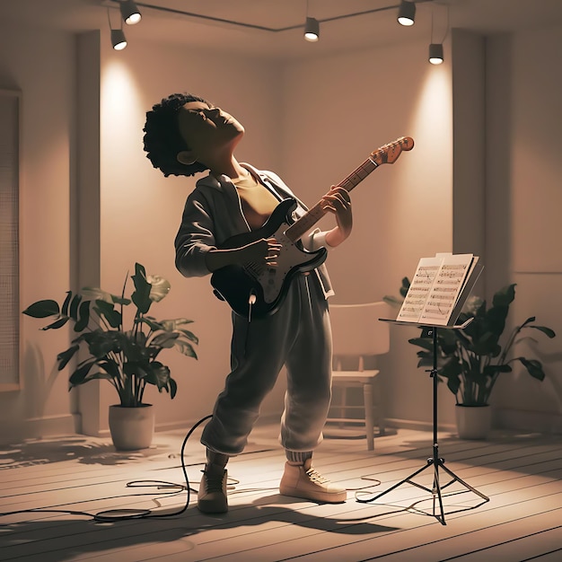 3D illustration of a skilled musician playing an electric guitar in a minimalist whitewalled room