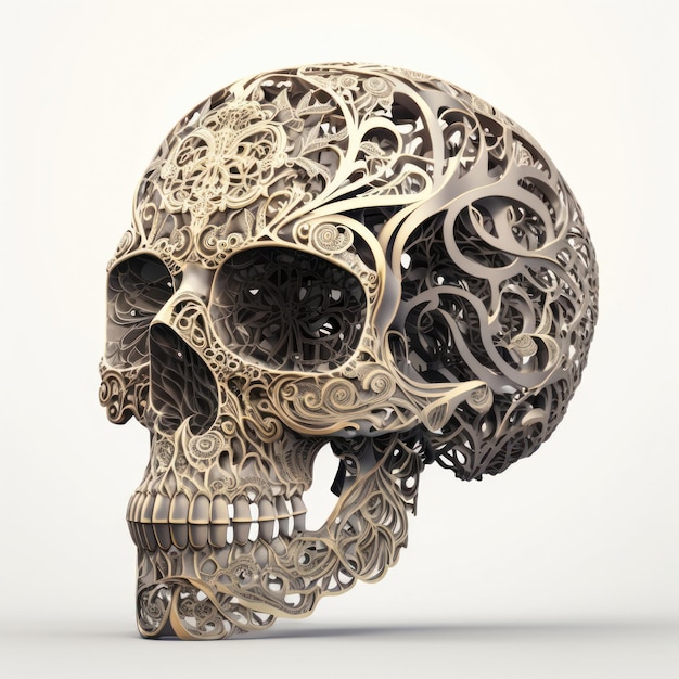 A 3d illustration of a skull with a pattern of filigree to paper A human skull made of filigree