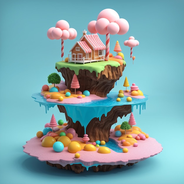 3D Illustration Of A Small Island With A House On The Island And A Lot Of Sweets