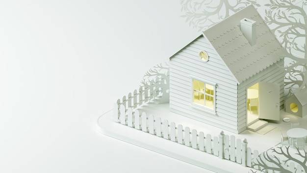 3d illustration. A small toy dollhouse on the street with a fence. Hut small house