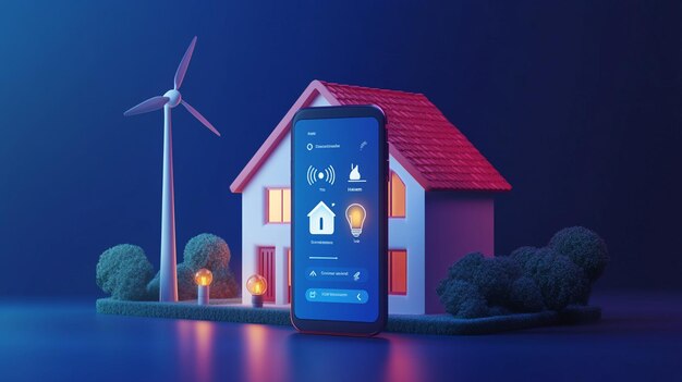 3D illustration of smart home with smartphone