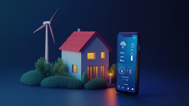 3D illustration of smart home with smartphone