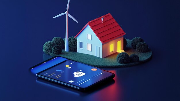 Photo 3d illustration of smart home with smartphone