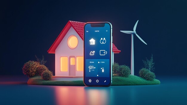 Photo 3d illustration of smart home with smartphone