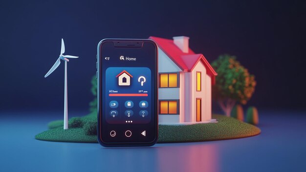 3D illustration of smart home with smartphone