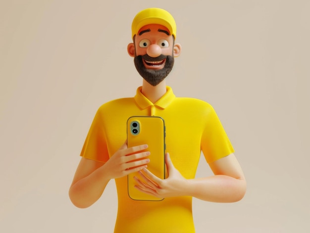 3D illustration of a smiling courier in a yellow uniform holding a yellow smartphone set against a neutral background