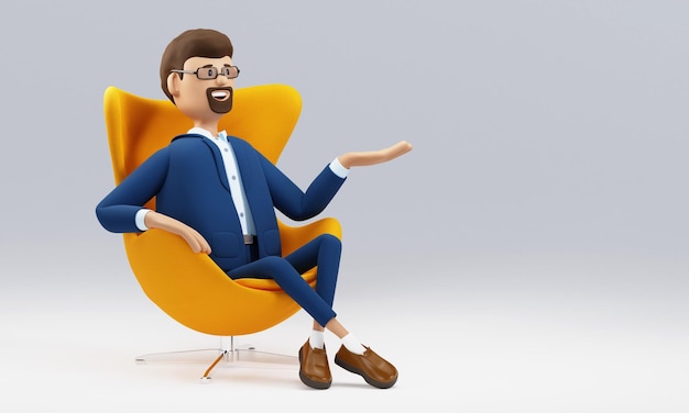 3D illustration of smiling man showing hand at direction Close up portrait of cartoon businessman seated in a chair