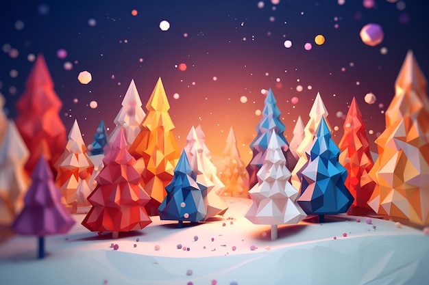 A 3d illustration of a snowy landscape with colorful trees.