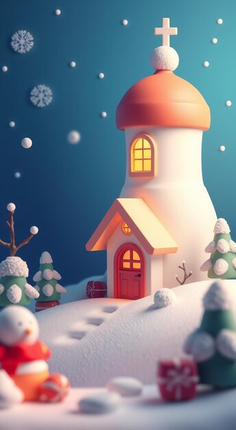 Photo 3d illustration of a snowy village with a church snowman and christmas presents