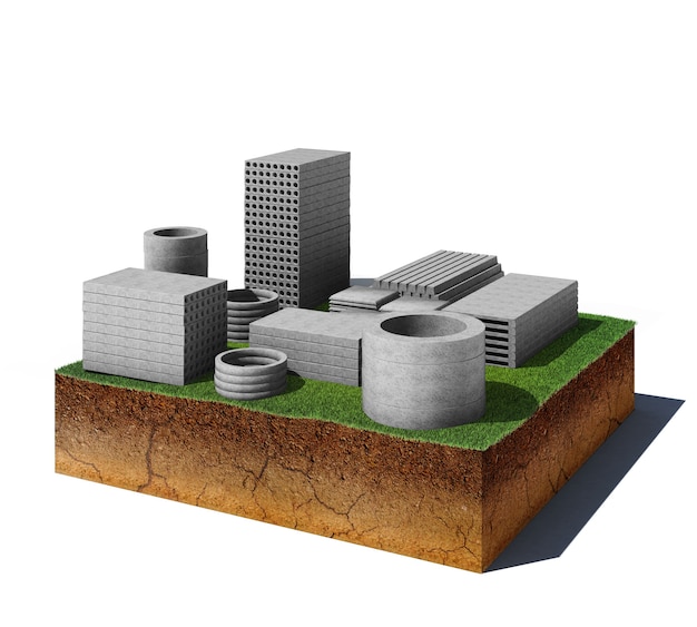 3d illustration of soil cutaway earial view dirt cube with concrete panels isolated