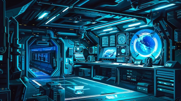 Photo a 3d illustration of a space ship with a blue light and a blue light