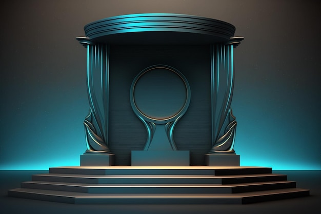 A 3d illustration of a stage with columns and a curtain.