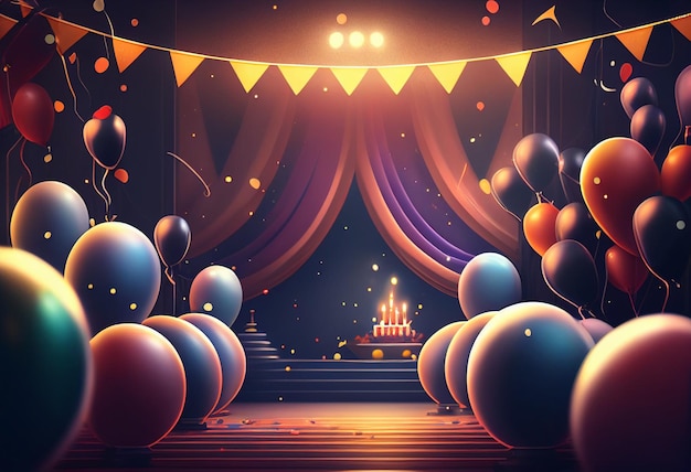 3d Illustration of stage with a lot of colorful balloons and confetti generative ai