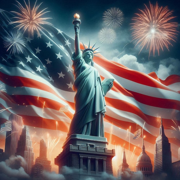 3D illustration of the Statue of Liberty with the American flag in the background