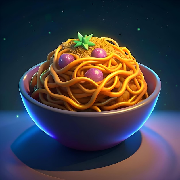 A 3D illustration of a steaming bowl of chow mein perfect for food blogs restaurant menus or social media posts