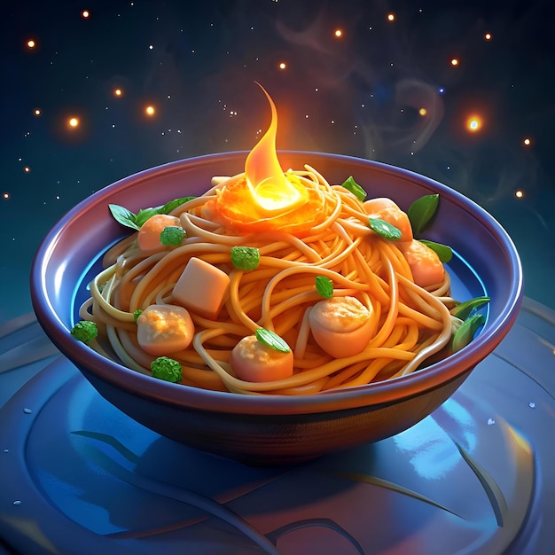 A 3D illustration of a steaming bowl of Pad Thai noodles with a fiery glowing egg on top