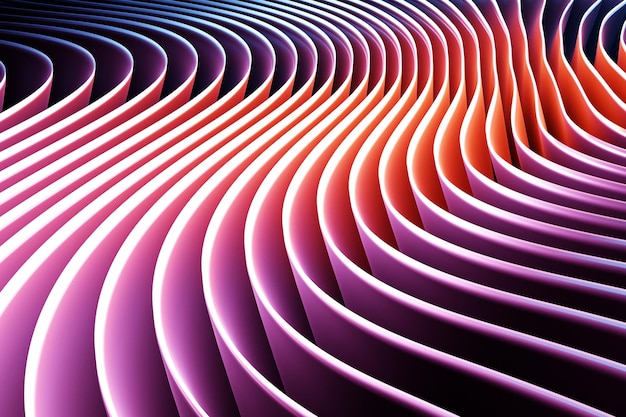 3d illustration of a stereo strip of different colors. Geometric stripes similar to waves. Abstract  pink glowing crossing lines pattern