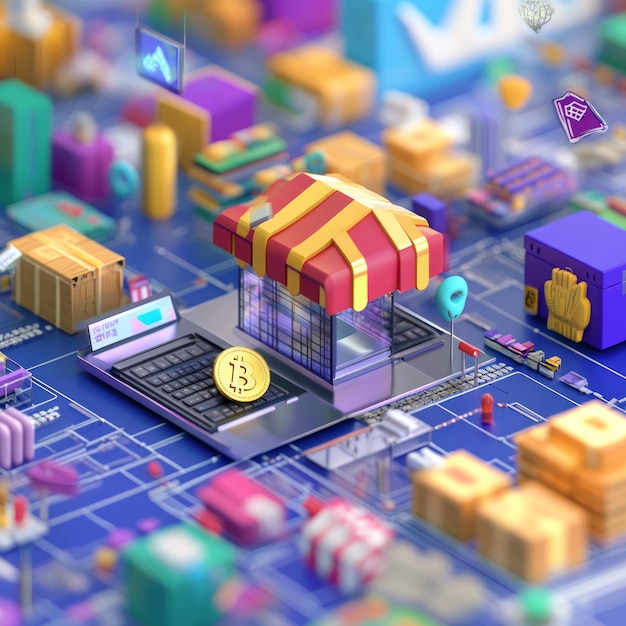 Photo 3d illustration of a store with bitcoin on a circuit board symbolizing cryptocurrencys impact on ecommerce