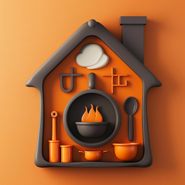 Photo 3d illustration of stove with kitchen utensils over orange background