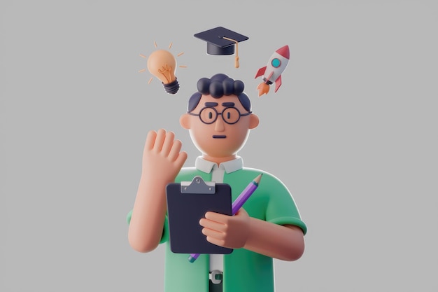 A 3D illustration of a student overwhelmed with ideas education and ambition