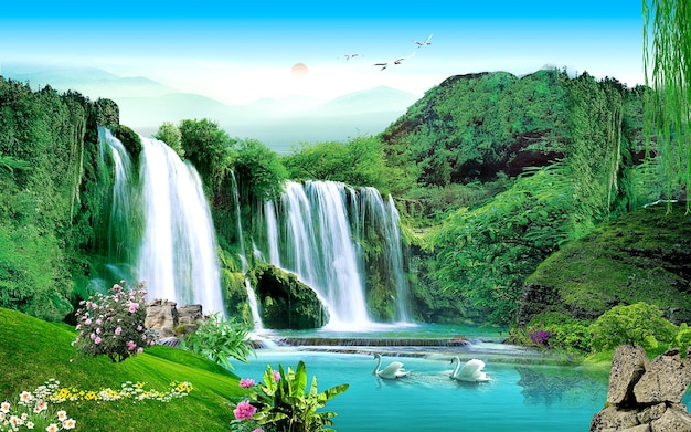 3D illustration A stunning natural vista featuring lush greenery flowing waterfalls and majesti