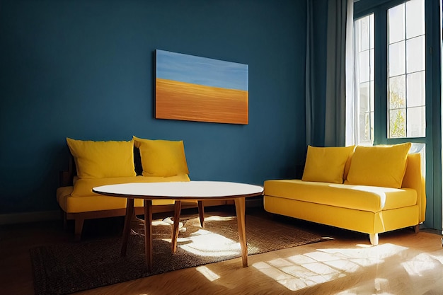 3d illustration of stylish yellow interior sofa and picture framed on the wall