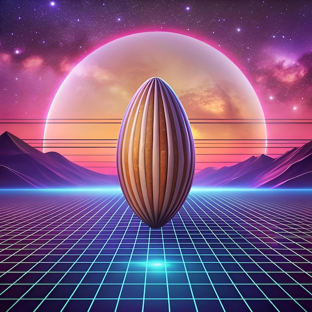 Photo a 3d illustration of a stylized almond shaped object in a retrofuturistic landscape