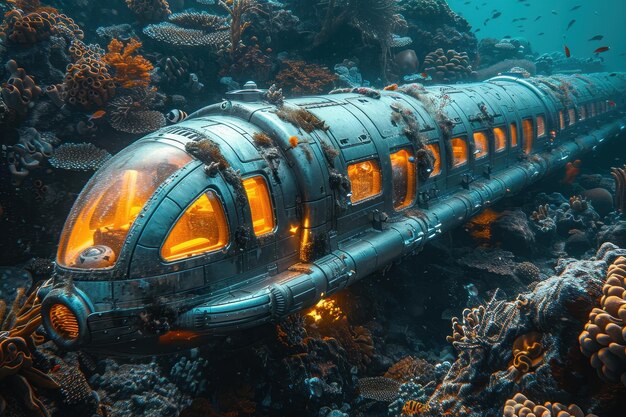 Photo 3d illustration of submarine under the deep sea