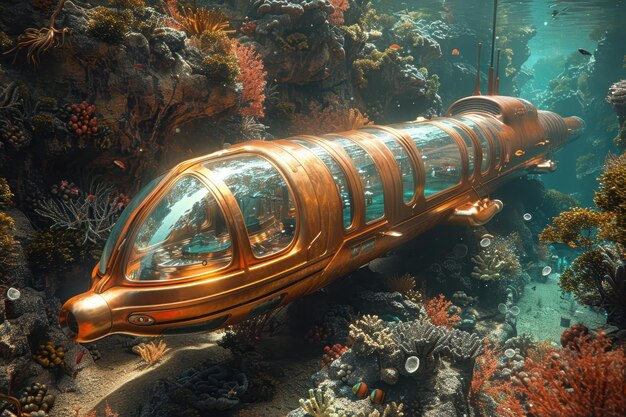 3d illustration of submarine under the deep sea