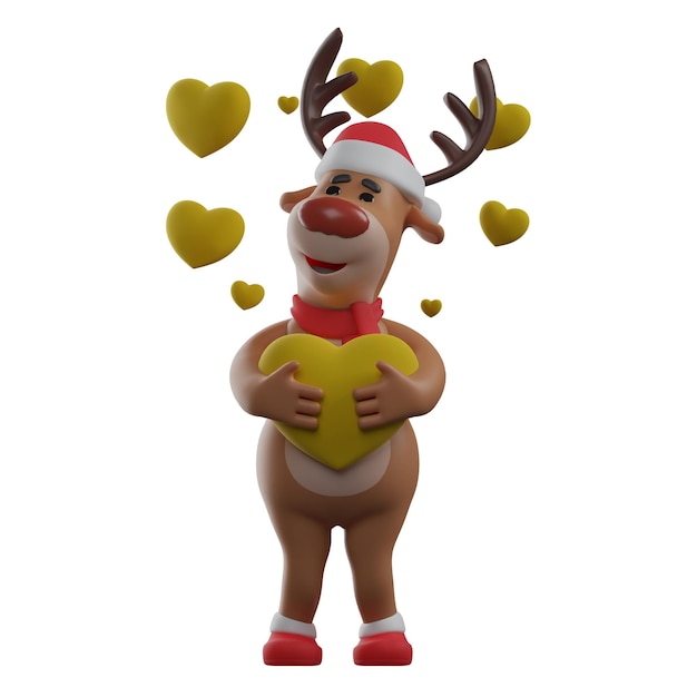 Photo 3d illustration sweet christmas reindeer 3d character cartoon surrounded by hearts displays a happy