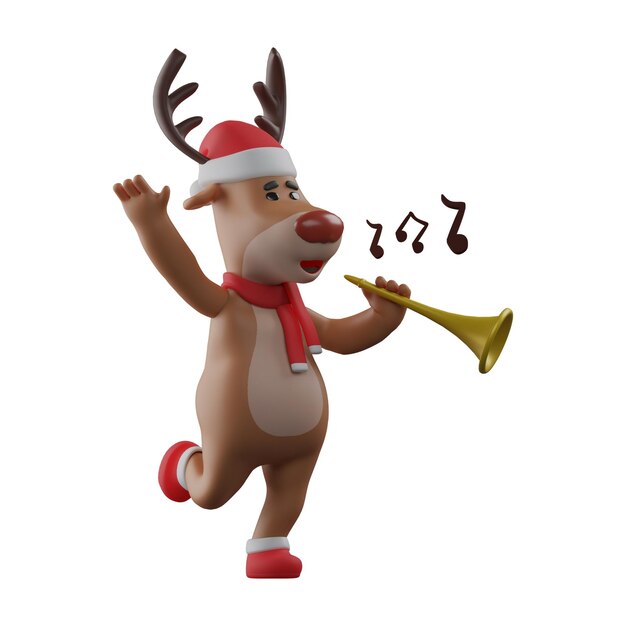 Photo 3d illustration talented 3d christmas reindeer cartoon character enjoys playing trumpet by dancing