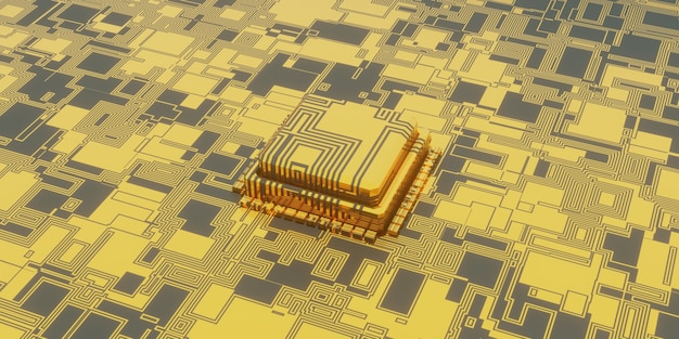 3d illustration of Technology Microchip Background, perspective of digital surface circuit board and chip