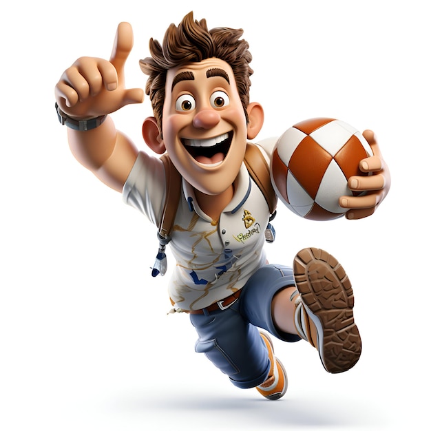 3D illustration of a teenager jumping with a basketball and thumbs up gesture