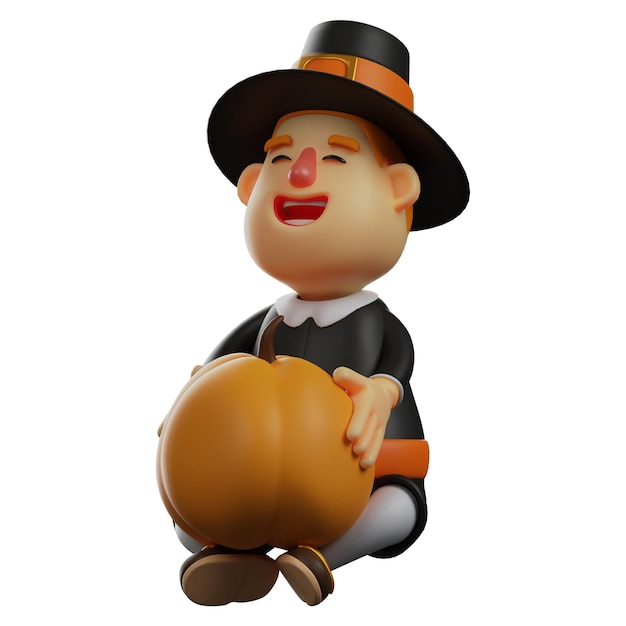 3D illustration Thanksgiving Pilgrim Man 3D character holding a pumpkin with a pose sitting