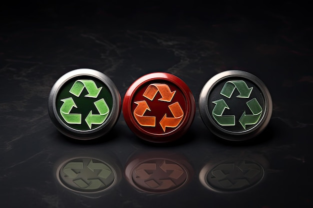 3d illustration of three metal recycling buttons over black background with reflection A recycling sign with a green button that zero waste reuse concept AI Generated