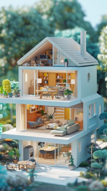 A 3D illustration of a threestory house with a garden