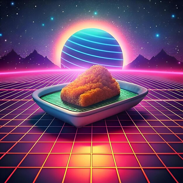 Photo a 3d illustration of a tonkatsu a japanese breaded pork cutlet in a retro futuristic style reminiscent of 80s aesthetics