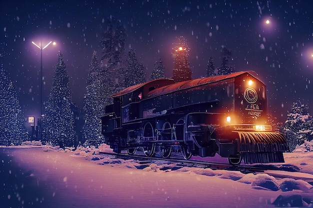 3d illustration of train move with lighting the way with bright headlights in the winter