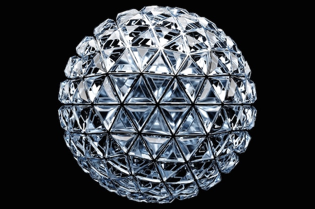 3D illustration of a transparent glass ball with many faces crystals scatter on a black background under a white neon light Simple geometric figure Cyber ball shape